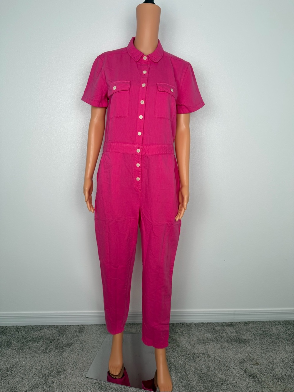 Outerknown S.E.A. Suit Short Sleeve Jumpsuit Organic Cotton Linen Hibiscus - Picture 2 of 11
